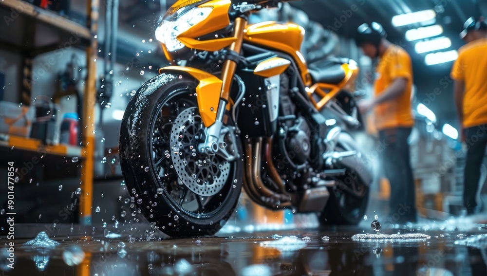 Fototapeta premium Yellow Motorcycle in Wet Garage Environment