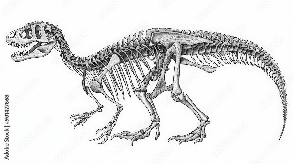 Diagram of a dinosaur skeleton, highlighting the major bones and their arrangement to provide a comprehensive view of the creature's anatomy. Diagram of a dinosaur skeleton, highlighting the major bones and their arrangement to provide a comprehensive view of the creature's anatomy.
