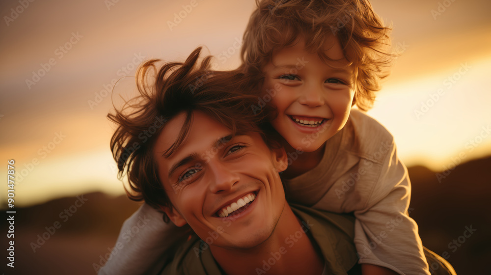 Close-Up of Happy Father and Son Bonding at Sunset Outdoors Close-Up of Happy Father and Son Bonding at Sunset Outdoors