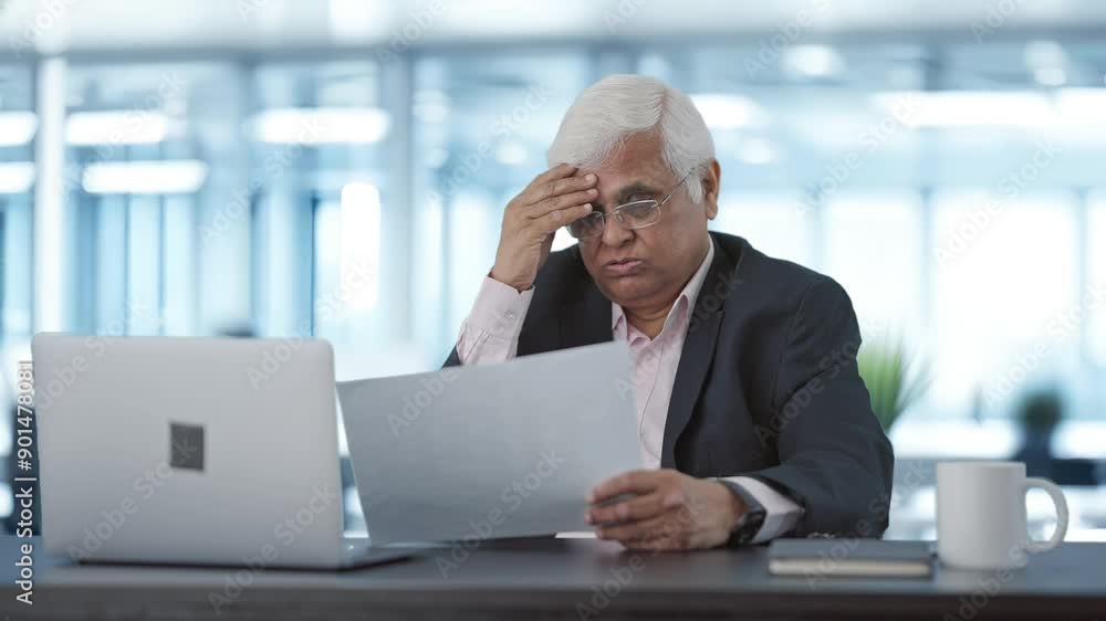 Tensed Indian senior manager reading business reports Tensed Indian senior manager reading business reports