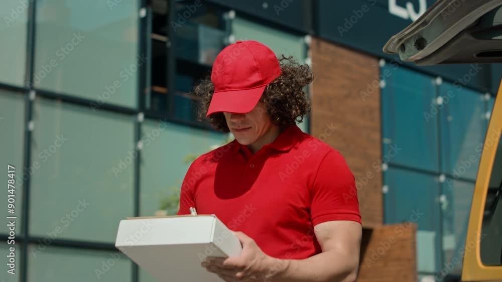 Low angle zoom in portrait of Caucasian male delivery service worker in red cap and uniform signing parcel and looking at camera outdoors Low angle zoom in portrait of Caucasian male delivery service worker in red cap and uniform signing parcel and looking at camera outdoors