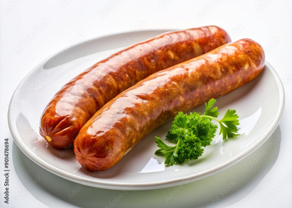 Freshly arranged raw long smoked pork sausage sits elegantly on a white plate, showcasing its appetizing texture and color, ready for culinary creation. Freshly arranged raw long smoked pork sausage sits elegantly on a white plate, showcasing its appetizing texture and color, ready for culinary creation.