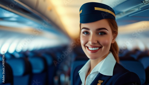 portrait of a stewardess with a beautiful and friendly smile in the aisle between the seats in a passenger seats
 photo