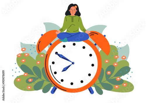 Time for meditation. Calm woman meaditating on alarm clock.