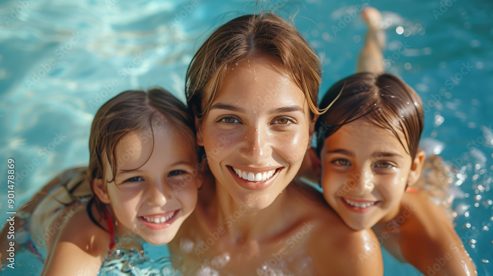 Happy Mother Swimming with Two Children in Pool, Family Fun and Bonding Happy Mother Swimming with Two Children in Pool, Family Fun and Bonding