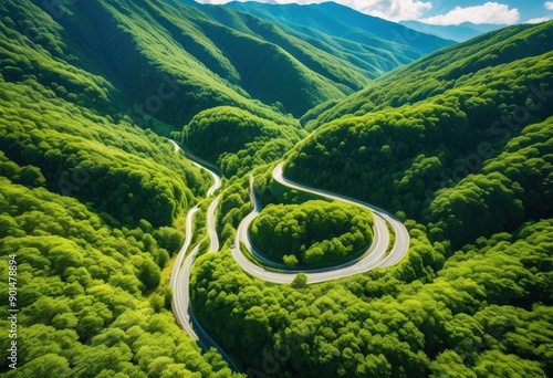 aerial view serpentine mountain road snaking through lush green forest landscape clear day, winding, path, trees, nature, scenic, hillside, curve, terrain