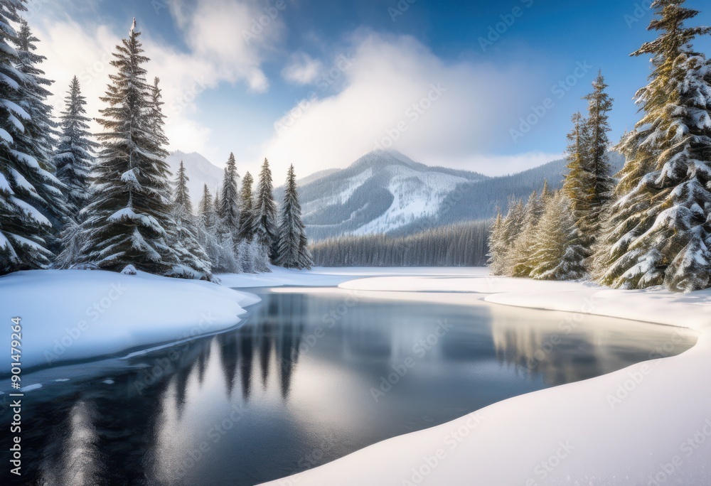 Fototapeta premium snowy landscape frozen snow covered icy water winter scenic view, alpine, arctic, blanket, bright, brisk, calm, clean, clear, crystalline, crisp, dazzling