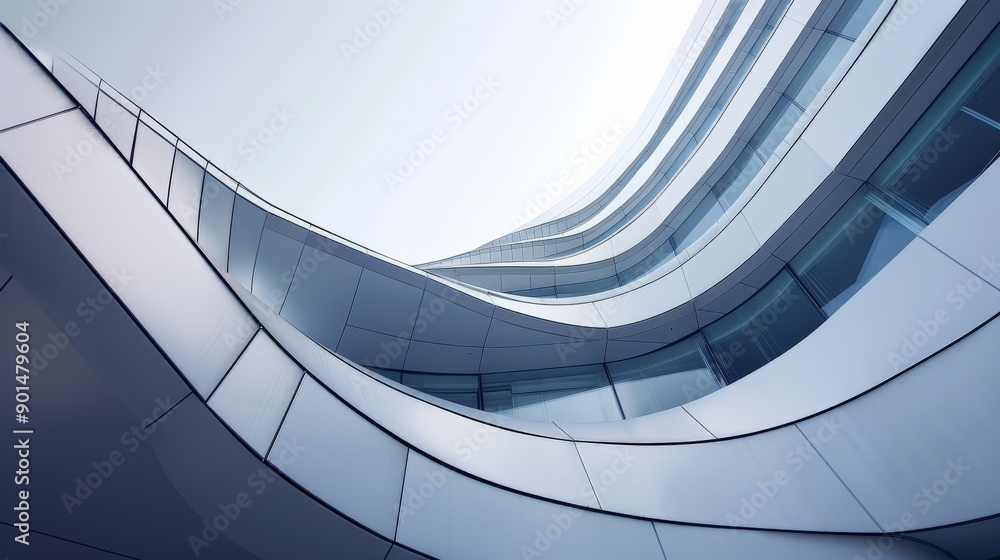 Obraz premium Modern architecture with sleek curved lines and glass facade, showcasing contemporary design and urban aesthetics in a dynamic cityscape.