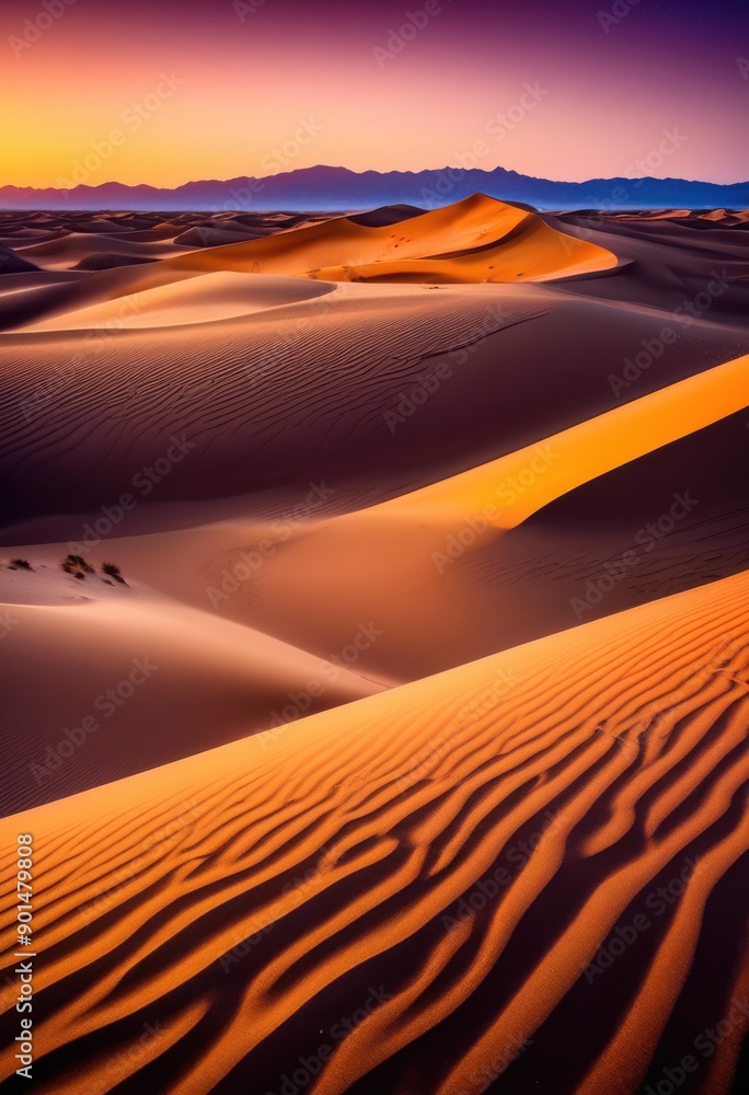 Naklejka premium vibrant sunset casting golden hue over rolling sand dunes creating serene desert landscape, sky, sunlight, evening, light, shadows, orange, yellow, red