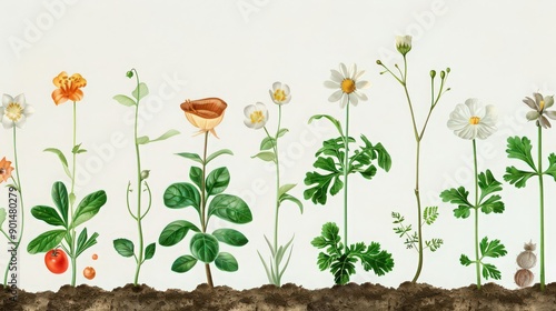 Diagram of a plant's life cycle, from seed germination to flowering and fruit production, illustrating each growth stage.