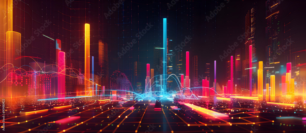 Fototapeta premium An illustration featuring a neon grid with integrated data