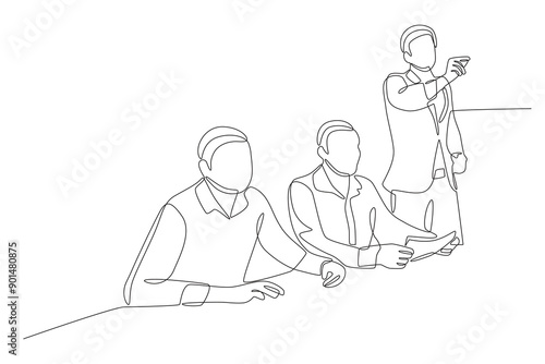 Three employees were enthusiastic when discussing the briefing. Business briefing concept one-line drawing