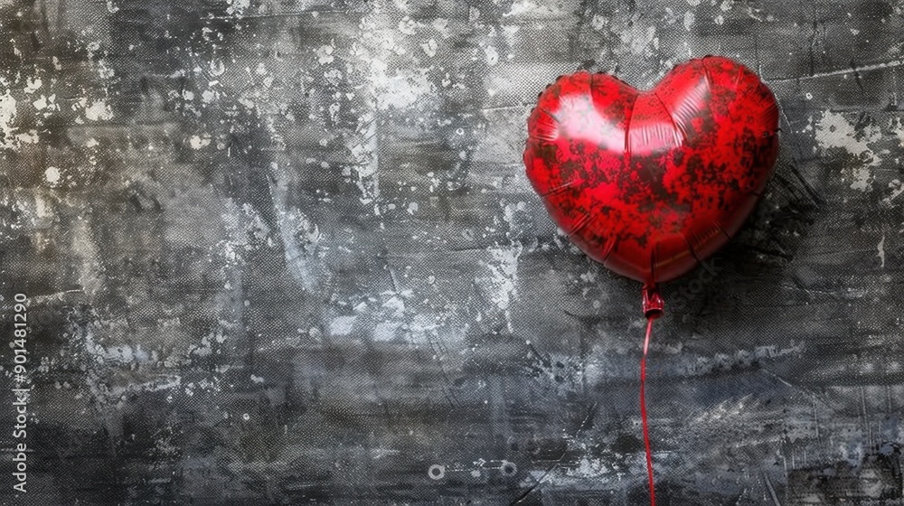Red heart-shaped balloon against a textured gray concrete wall, adding a touch of romance and vibrant color to the rough background. Red heart-shaped balloon against a textured gray concrete wall, adding a touch of romance and vibrant color to the rough background.