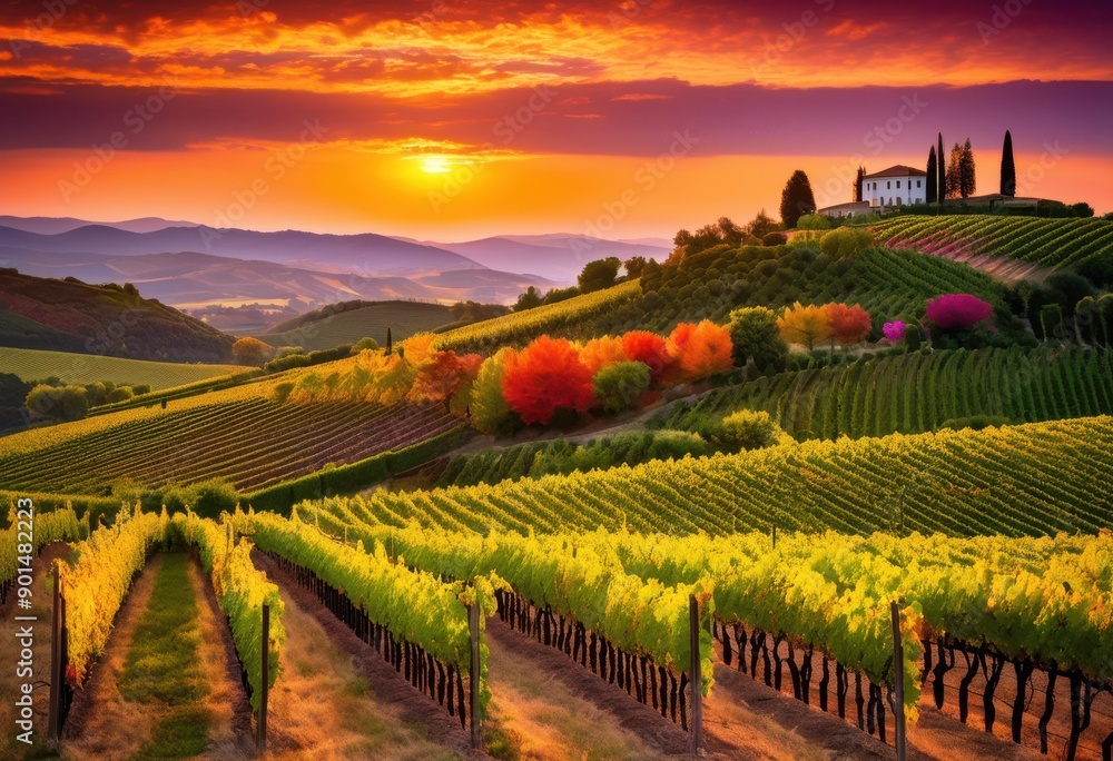 Obraz premium vivid sunset casting golden glow over expansive rolling vineyards lush greenery serene landscape, hill, sky, horizon, field, grape, leaf, plant, agriculture