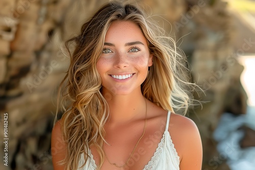 Youthful woman smiling brightly against scenic coastal rocky background on a sunny day, copyspace for text