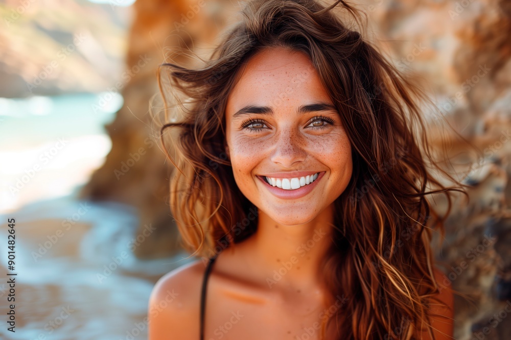 Smiling young woman with wavy hair enjoying a sunny day at the beach, copyspace for text Smiling young woman with wavy hair enjoying a sunny day at the beach, copyspace for text