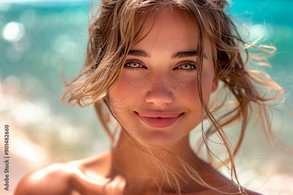 Young woman smiling brightly at the beach on a sunny day, copyspace for text Young woman smiling brightly at the beach on a sunny day, copyspace for text