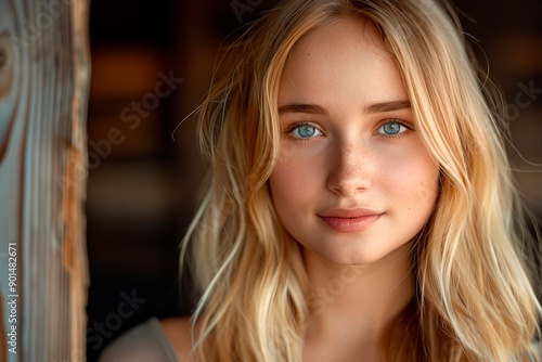 Young woman close-up with long blonde hair and blue eyes with copy space for text