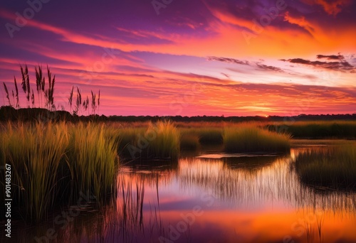 vibrant sunset over serene coastal marshlands golden sky reflections water, landscape, wetland, scenic, nature, horizon, twilight, evening, view, light