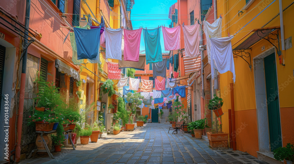 Fototapeta premium A narrow alleyway with hanging laundry and potted plants