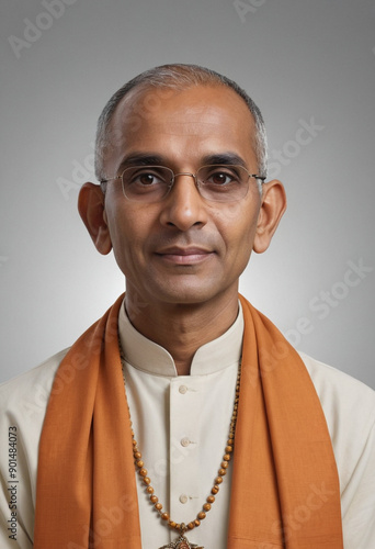 Portrait view of a regular Brahmin Priest , candid, social media, avatar image, plain solid background photo