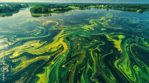 Eutrophication: An environmental issue where lakes or rivers receive too many nutrients from runoff, causing algae blooms and lowering oxygen levels, harming aquatic ecosystems.
 photo