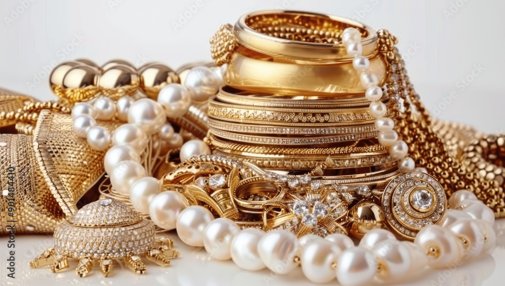 Heap of Gold Bracelets and Pearl Necklaces Heap of Gold Bracelets and Pearl Necklaces