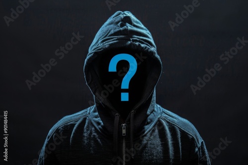 faceless man in black hoodie with blue question mark on black background, unknown incognito. photo