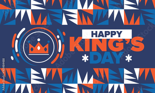 King’s Day in Netherlands. Koningsdag in Dutch. Nation’s cultural heritage and the celebrate birthday of His Majesty King. Dutch royal family. Netherlands flag. Orange colour or orange madness. Vector