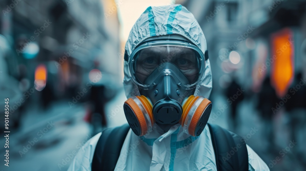 Person in Protective Suit and Gas Mask in Urban Setting Person in Protective Suit and Gas Mask in Urban Setting
