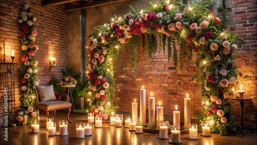 Intimate candlelit ambiance with floral arch, lavish wall decor, and photo zone setup for a romantic surprise marriage proposal or Valentine's Day wedding celebration. © DigitalArt Max