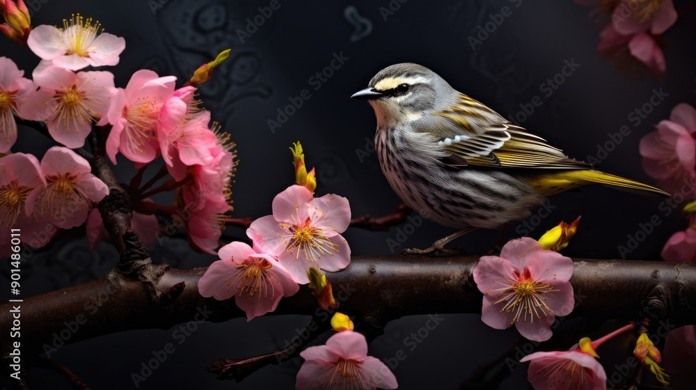 Fototapeta premium a grey and yellow bird sitting on the branch