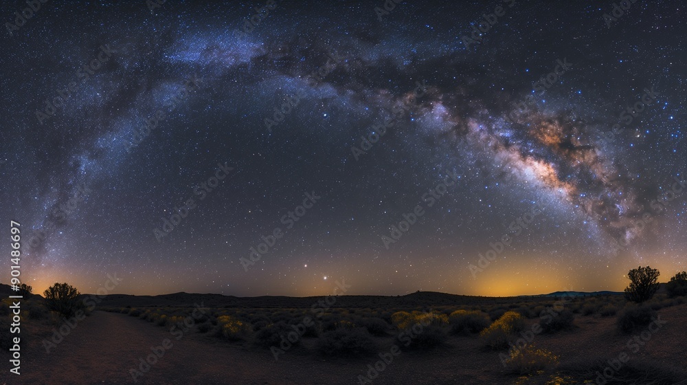 A wide-angle panorama of a clear, starry night sky with the Milky Way arching overhead and the glow of distant nebulae. A wide-angle panorama of a clear, starry night sky with the Milky Way arching overhead and the glow of distant nebulae.