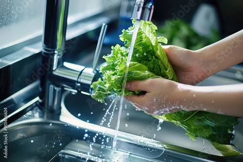 Washing Fresh Green Lettuce Under Running Water photo