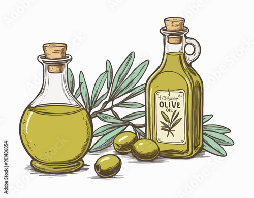 Hand-drawn olive oil bottle isolated on a white background. Extra virgin olive oil. Vintage style. Vector illustration in Doodle style