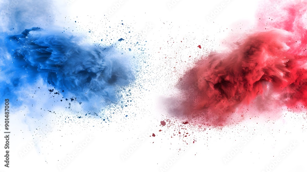 Dynamic red and blue powder explosion on white background, artistic design element Dynamic red and blue powder explosion on white background, artistic design element