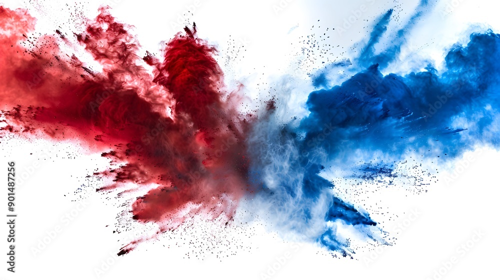 Dynamic red and blue powder explosion on white background, artistic design element Dynamic red and blue powder explosion on white background, artistic design element