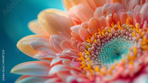 Macro gerbera flower with many petals prominent center by using close-up shot to capture intricate details structure, ovary receptacle style peduncle