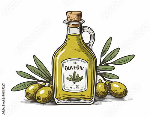 Hand-drawn olive oil bottle isolated on a white background. Extra virgin olive oil. Vintage style. Vector illustration in Doodle style