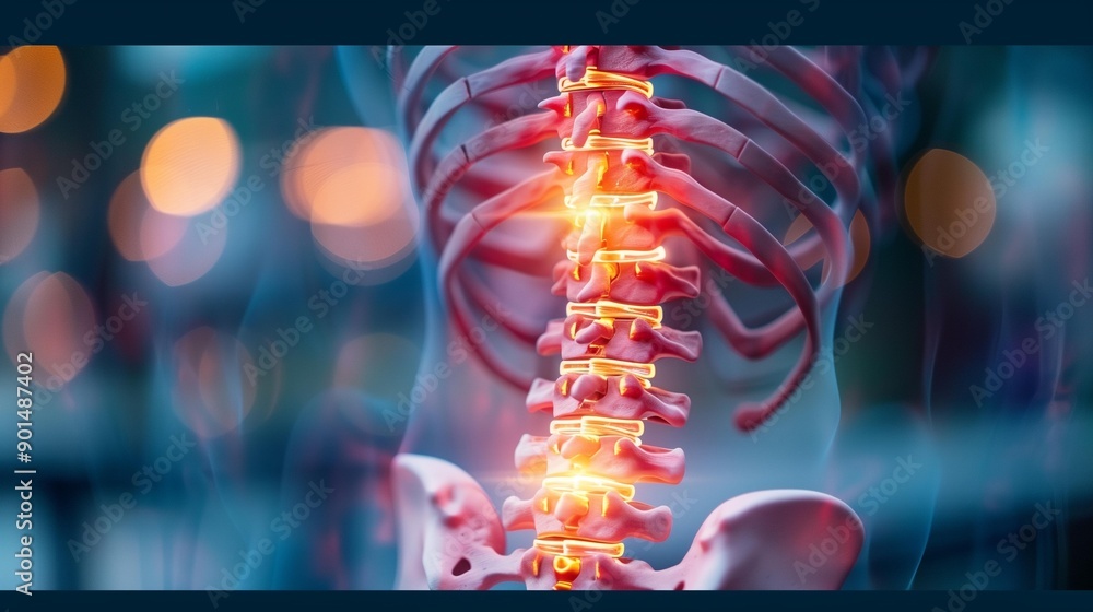 Stylized vertebral column with warm light highlighting lower back area ...
