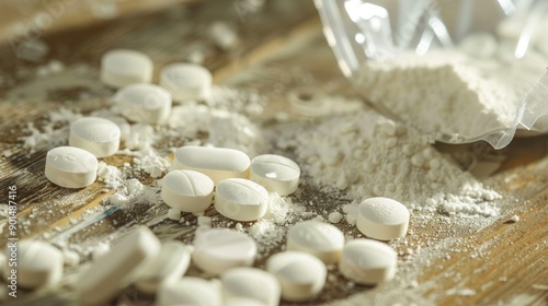 Scattered white pills on a wooden surface, with a packet of powdered substance and a transparent bag in close-up