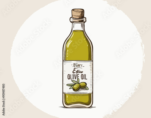 Hand-drawn olive oil bottle isolated on a white background. Extra virgin olive oil. Vintage style. Vector illustration in Doodle style