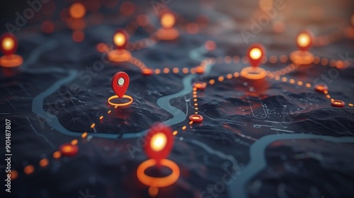 Delivery route optimization for efficient faster delivery shipment by glowing red pins on dark map, pin glow