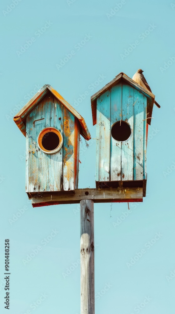 Vertical Shot of Bird Houses Against Clear Sky in Pastel Colors Vertical Shot of Bird Houses Against Clear Sky in Pastel Colors