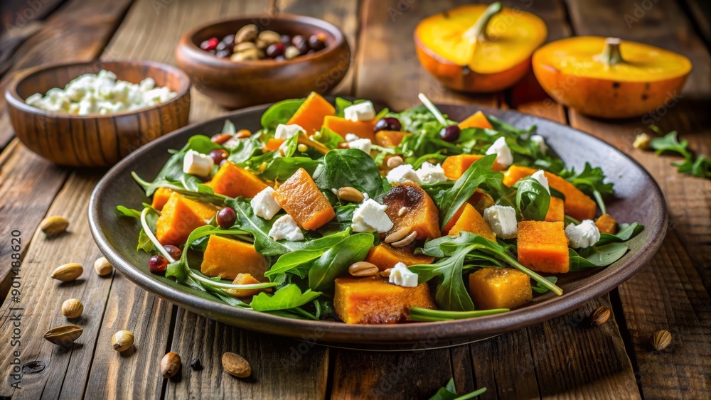 Autumn-inspired salad featuring roasted pumpkin, peppery arugula, crumbled feta cheese, and toasted pumpkin seeds, garnished with fresh herbs, on a rustic wooden table. Autumn-inspired salad featuring roasted pumpkin, peppery arugula, crumbled feta cheese, and toasted pumpkin seeds, garnished with fresh herbs, on a rustic wooden table.