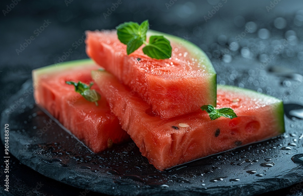 Watermelon slices placed on a dark background highlight their vibrant color and juicy texture, creating a striking contrast Watermelon slices placed on a dark background highlight their vibrant color and juicy texture, creating a striking contrast