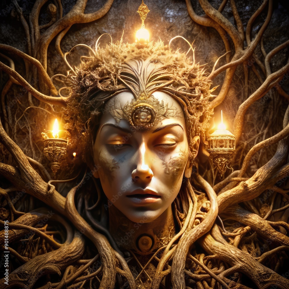 Beautiful women face with golden ornaments on a dark background Beautiful women face with golden ornaments on a dark background