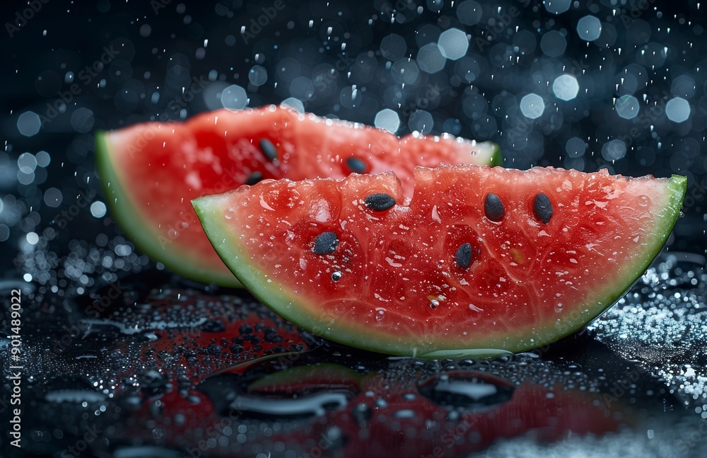 Watermelon slices placed on a dark background highlight their vibrant color and juicy texture, creating a striking contrast Watermelon slices placed on a dark background highlight their vibrant color and juicy texture, creating a striking contrast