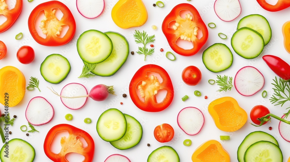 A vibrant seamless pattern featuring a mix of sliced vegetables like cucumbers, bell peppers, radishes, and tomatoes, arranged in a playful and colorful manner on a white background. A vibrant seamless pattern featuring a mix of sliced vegetables like cucumbers, bell peppers, radishes, and tomatoes, arranged in a playful and colorful manner on a white background.