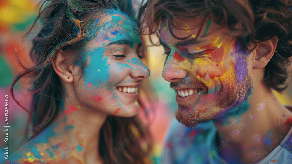 A couple is covered in colorful paint and smiling at the camera. Scene is joyful and playful A couple is covered in colorful paint and smiling at the camera. Scene is joyful and playful